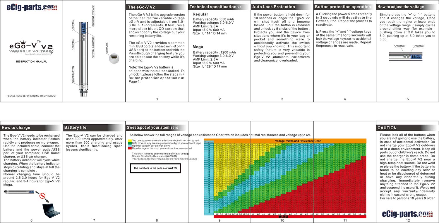 EGO-V V2 Variable Voltage Battery - Instruction Manual